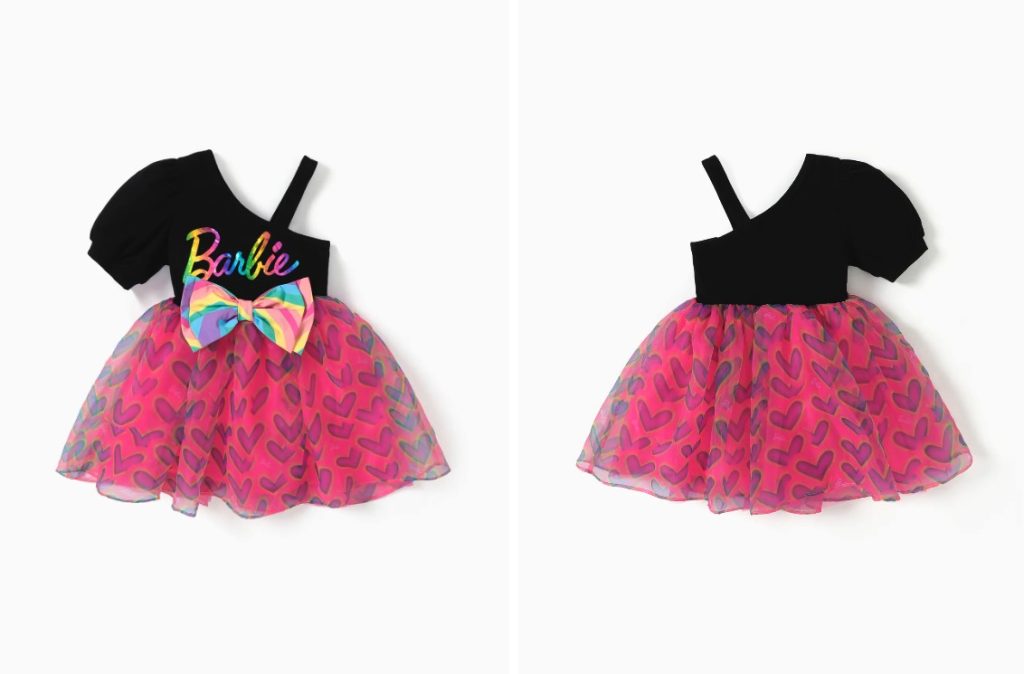 Barbie 1pc Toddler Girls Heart-shaped Bowknot One-Shoulder Flare Mesh Dress