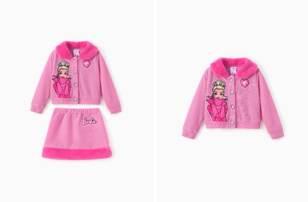 Barbie Clothing Toddler:Kid Girl 2pcs Character Embroidered Pearl Button Plush Edge Jacket And Skirt Set