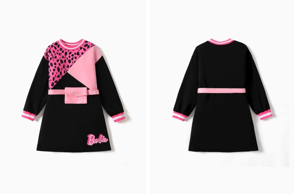 Barbie Kid Girl Leopard Print/Colorblock Waist Bag Design Sweatshirt Dress