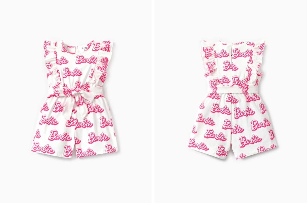 Barbie Toddler Girl Cotton Letter Print Ruffled Belted Rompers