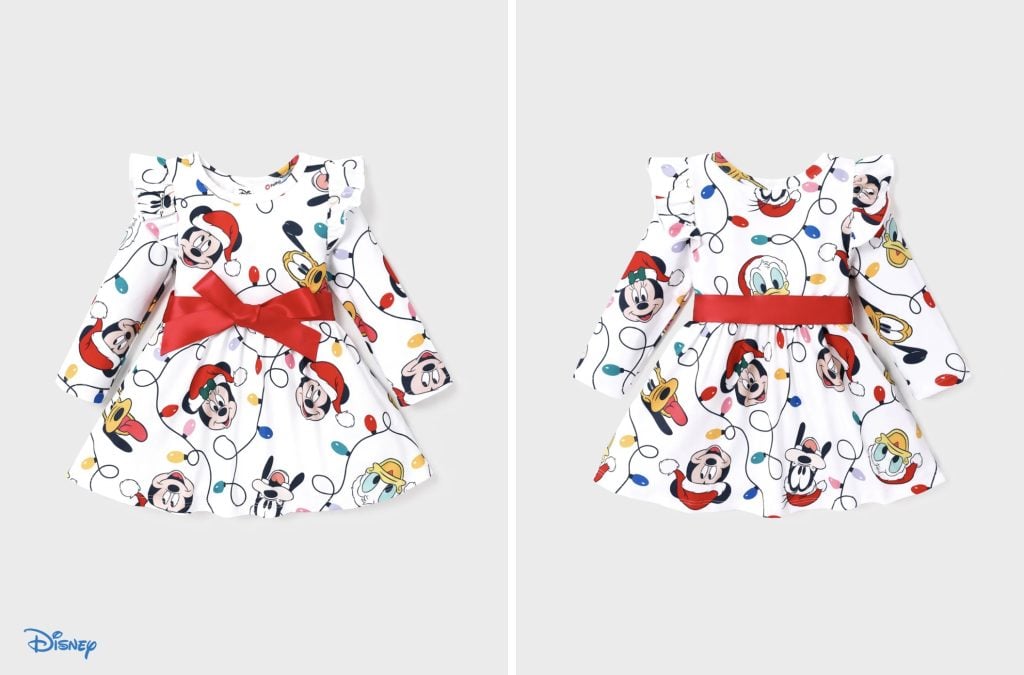 Disney Mickey and Friends Toddler Girl Christmas Full Print Bow Tie Long-sleeve Dress