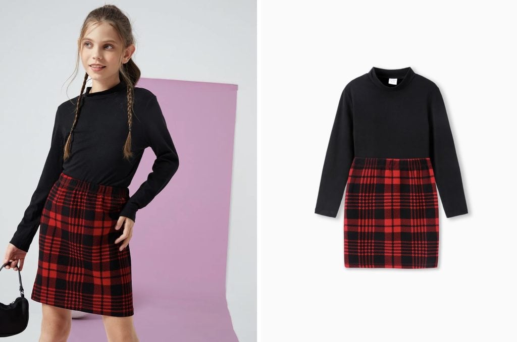 Kid Girl Stand Collar Grid/Houndstooth Skirt Suit