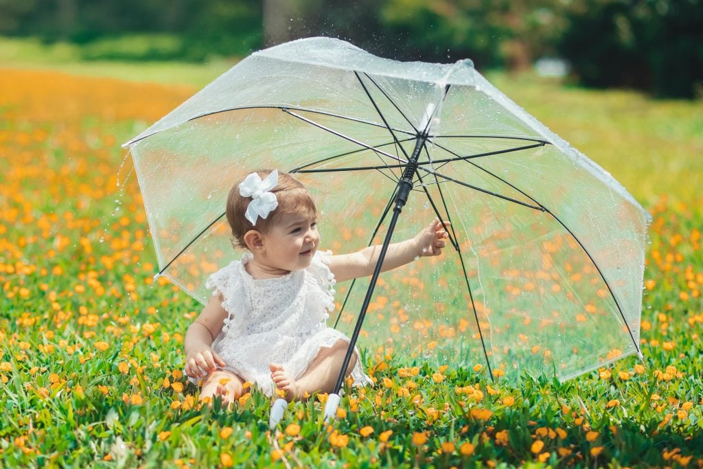 Charming baby in white dress sitting with a transparent umbrella in a vibrant flower field.